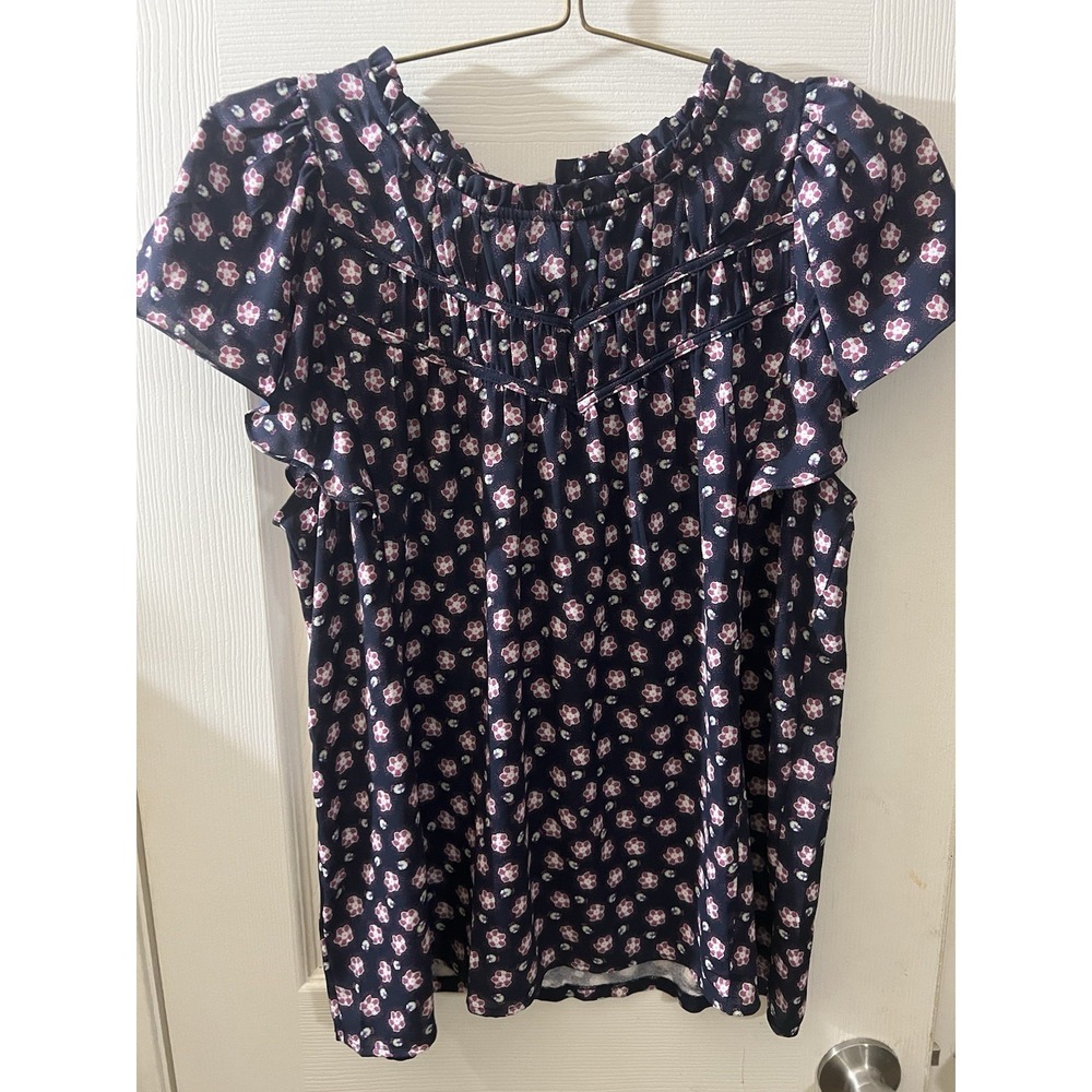 Loft Navy Jewel Tone Split Neck Flutter Sleeve Satin Blouse Medium